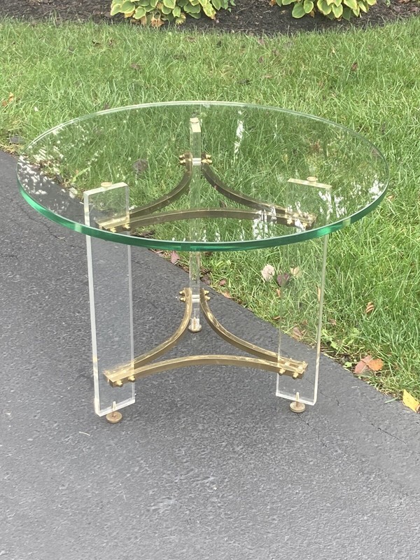 Mid Century Modern Brass & Lucite Glass Top End Table
