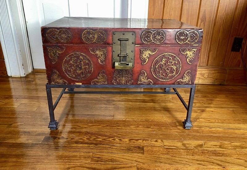 Rare Antique Asian Chinese Red Brass Thick Leather Travel Trunk on Metal Stand