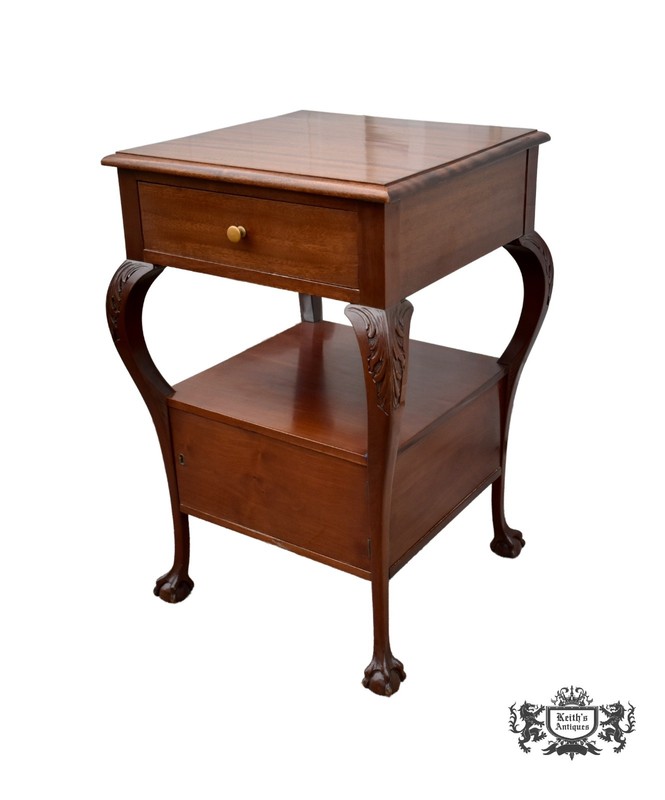 Antique Carved Mahogany Chippendale Style Stand w/Drawer & Locking Door