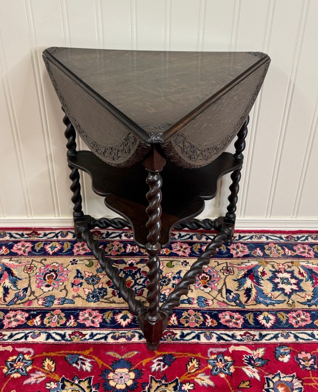 Antique English Envelope Barley Twist Drop Leaf Side Table Carved Oak c. 1900 gallery