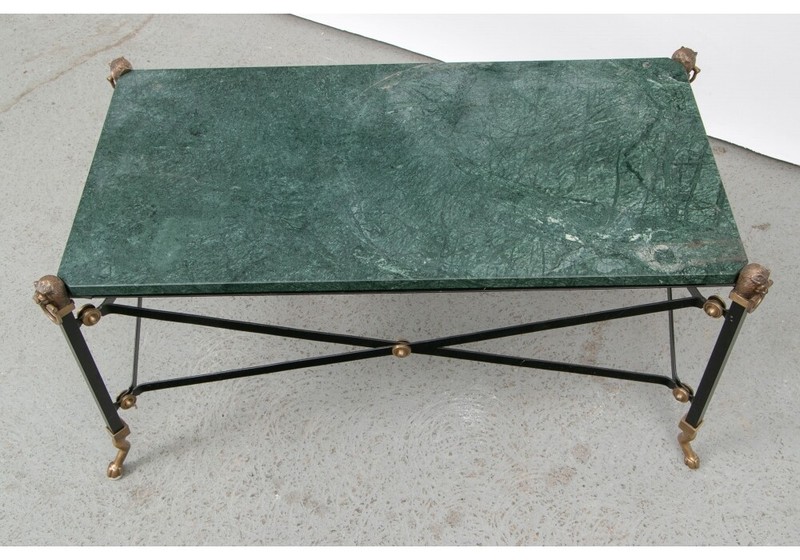 Neoclassical Green Marble Top Cocktail Table With A Campaign Style Iron Base gallery