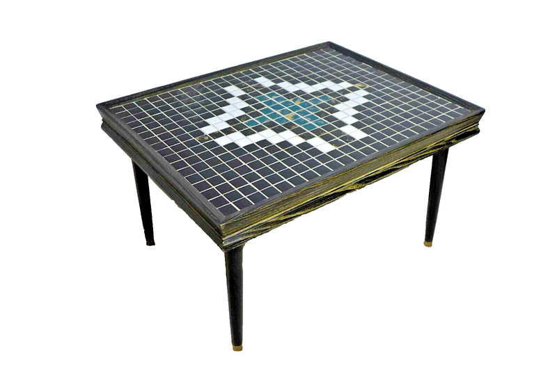 Vintage Mid Century Modern Mosaic Tile Top Side Table Blue Black and White