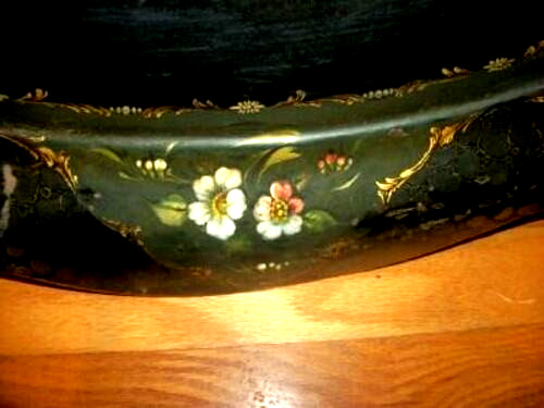 Victorian English HP Tole Tray Table Gilt Floral Green Black Huge Folding Legs gallery