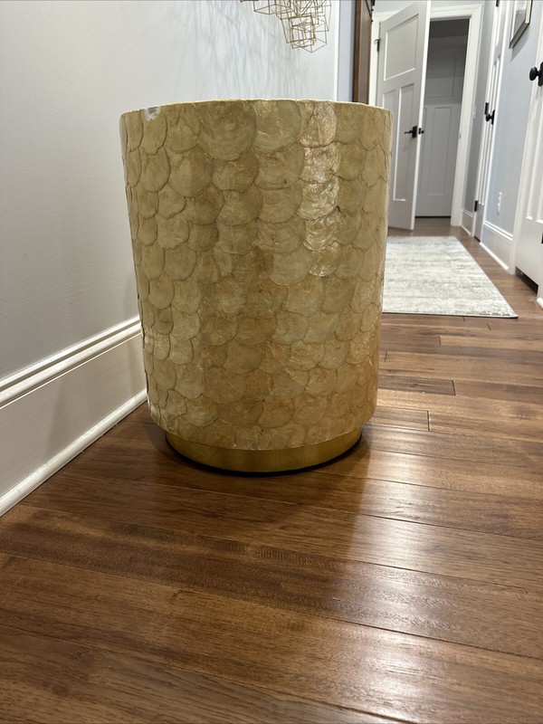 1970s Round Drum Decorative Abalone Mother of Pearl Inlay Side End Table Stand gallery