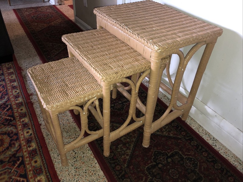 Vintage Coastal Woven Rattan Nesting Stacking Tables Boho Wicker Chic 3 Piece gallery