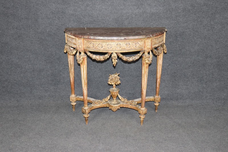 19th Century French Louis XVI Style Distressed Demilune Marble Top Console Table gallery