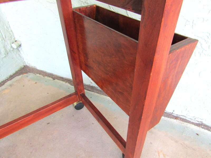 Vintage Danish Modern Teak and Tile Top Rolling Side Table with Magazine Holder gallery