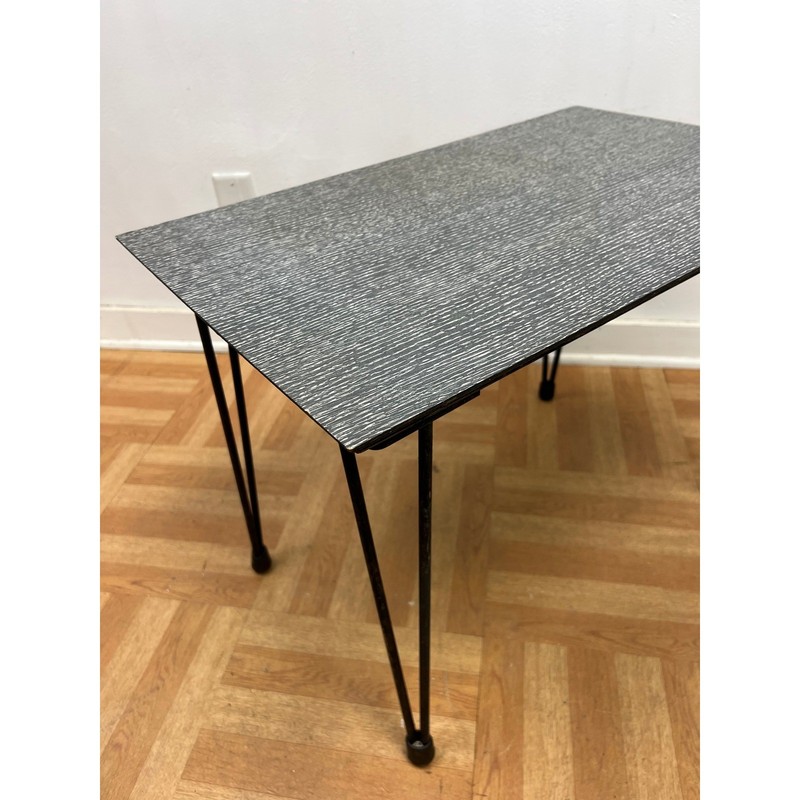 Vintage 1950s Mid Century Modern Hairpin Leg Side Table Gray Black Laminate Top gallery