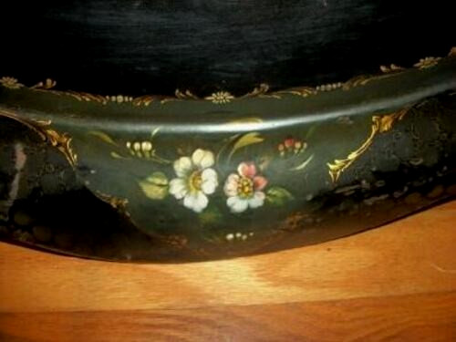 Victorian English HP Tole Tray Table Gilt Floral Green Black Huge Folding Legs gallery
