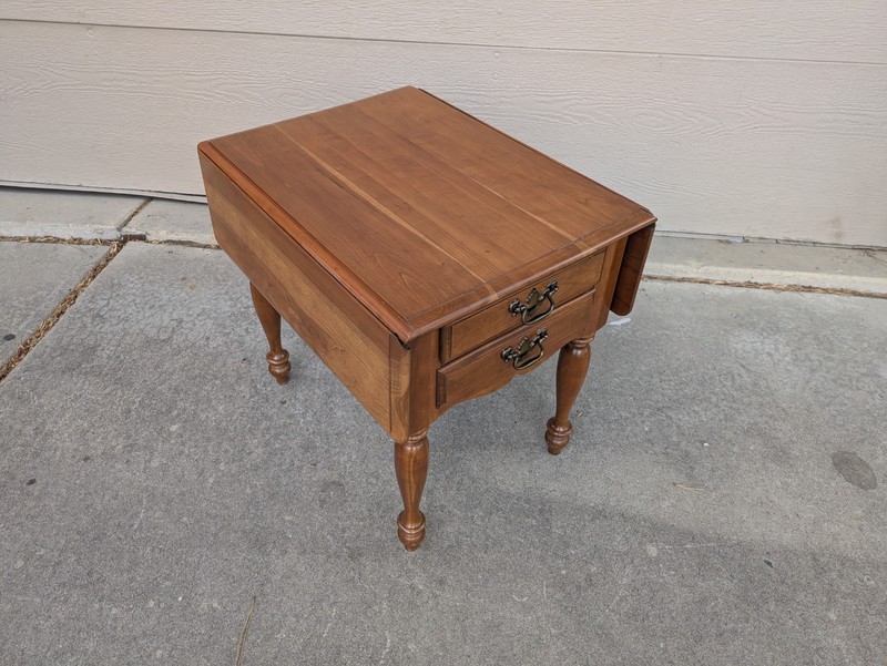 Vintage Rustic Country Colonial Solid Cherry Wood Drop Leaf 2-Drawer End Table A gallery