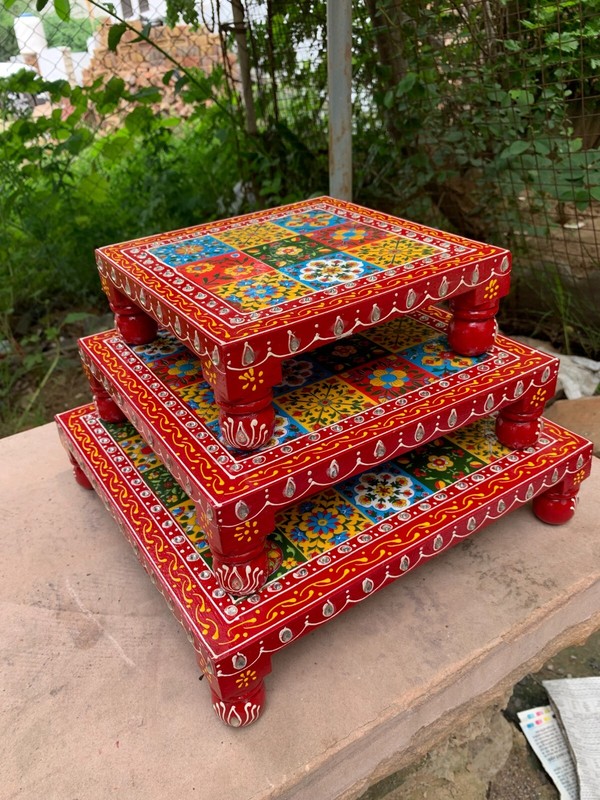 Colourful Hand Embossed Painted Bajot Set Wooden Decorative Chowki Decor Gift gallery