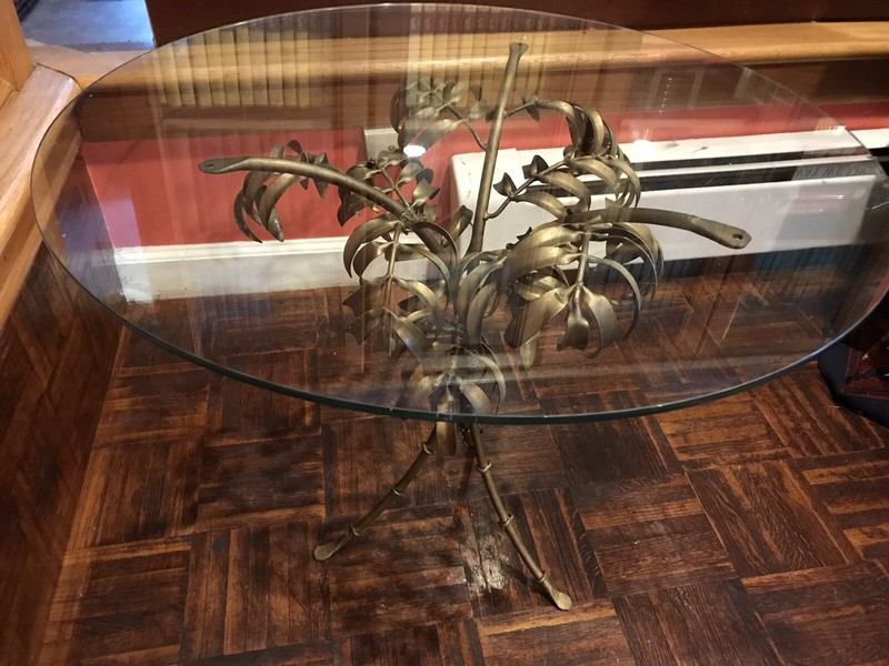 ITALIAN GILT METAL PALM TREE FORM SIDE TABLE. ROUND GLASS TOP.