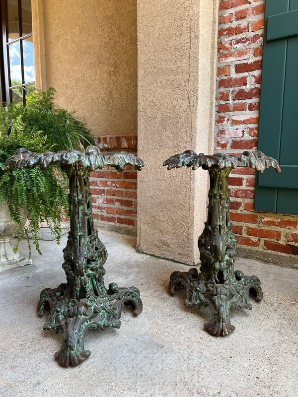 PAIR Antique French Round Side Table Grotto Rococo Cast Iron Plant Stand c1880 gallery