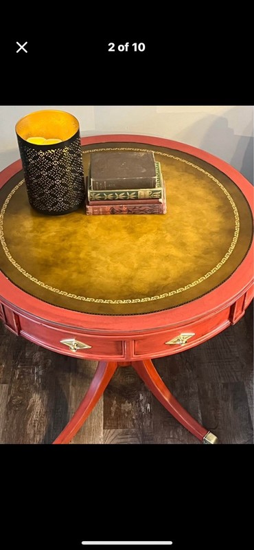 Vintage Distressed Drum Table with Leather Top Weathered Shabby Hall Side Table gallery