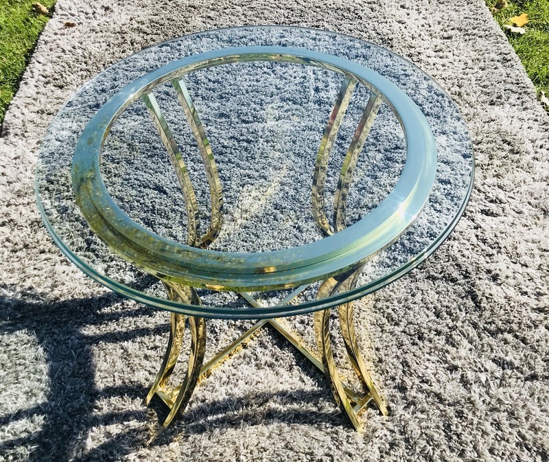 Vtg End Table 80s Gold Forged Brass Bevelled Frame & Glass MCM Hollywood Regency gallery