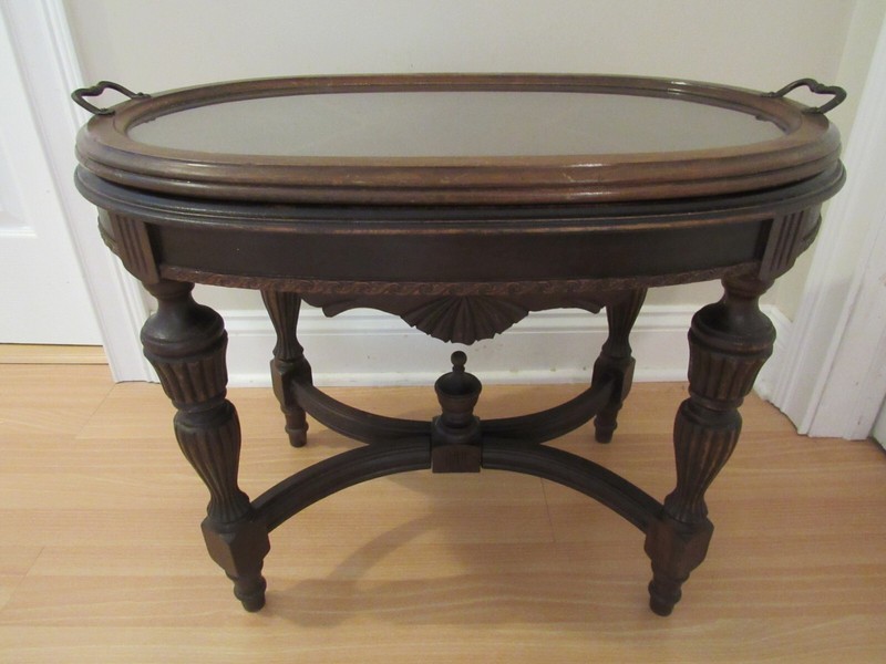 antique tea table REMOVABLE GLASS TOP TRAY early 1900's WOOD INLAY WILL SHIP!! gallery