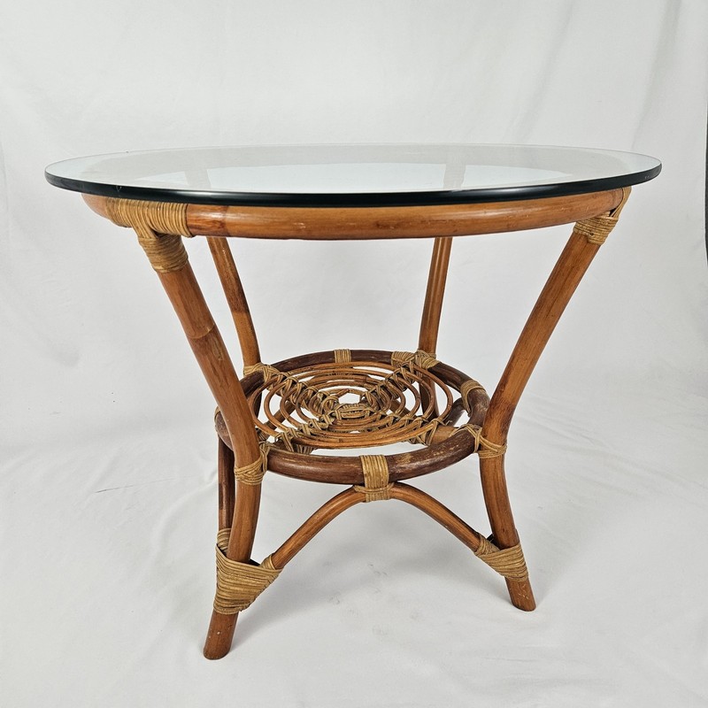 Vintage Rattan End Table Plant Stand Glass Top Boho Tiki Mid-Century Modern gallery