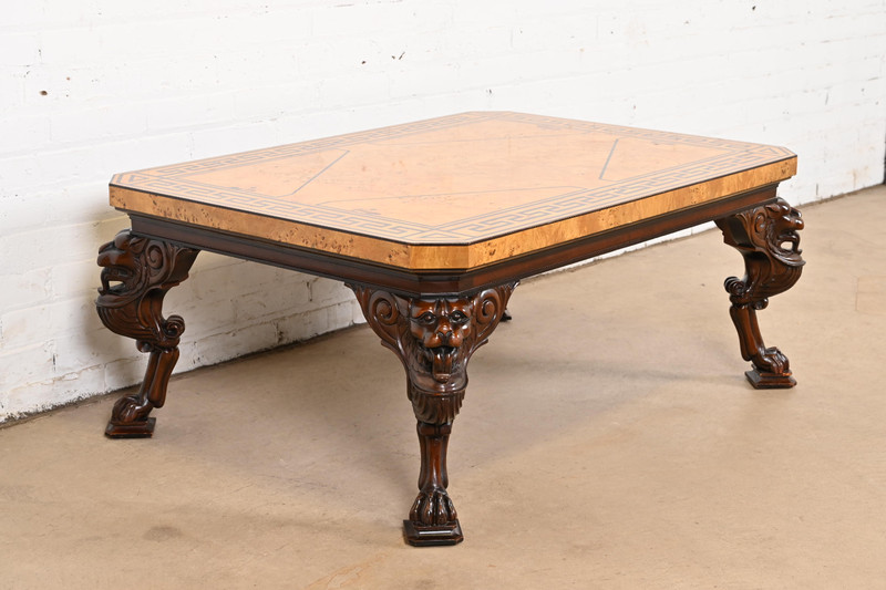 Baker Furniture Neoclassical Cocktail Table With Burl Wood Greek Key Top gallery