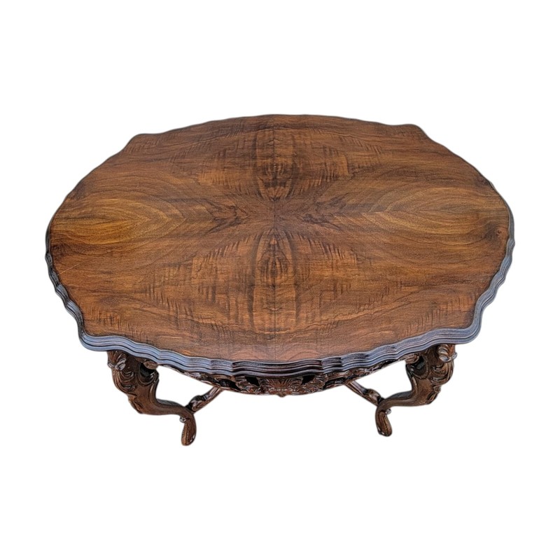 1930 Italian Walnut Center Table Bookmatch Top Hand Carved & Polished Mint gallery
