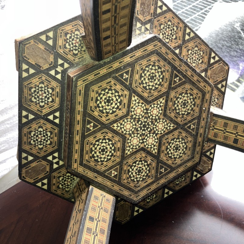 Rare Antique c.1920 Moorish Inlaid Occasional Table-3 Curved Legs-Chipping-Minor gallery