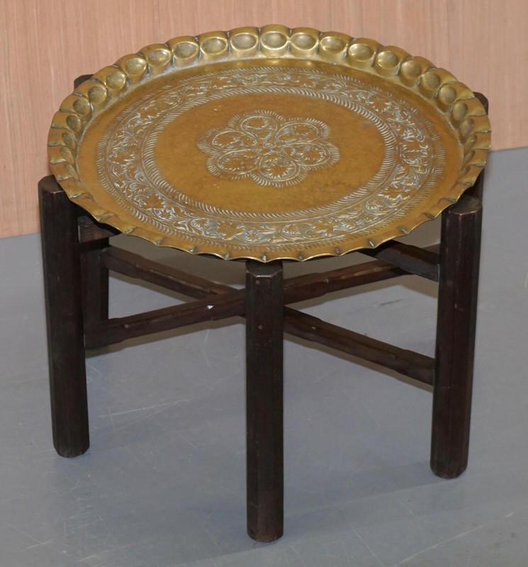 VERY RARE CIRCA 1920-1940 PERSIAN MOROCCAN BRASS TOPPED FOLDING OCCASIONAL TABLE gallery