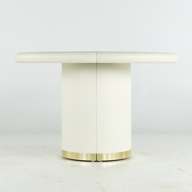 Karl Springer Style Mid Century Grass Cloth and Brass Expanding Dining Table gallery