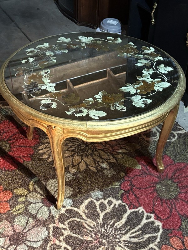 Antique Victorian Round Gold Coffee Table Floral Glass Top Wood Carvings gallery