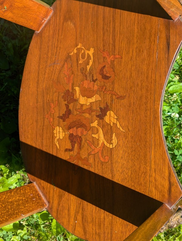 Vintage Louis XV Style Marquetry Inlaid Wood Small Curved Accent Table #1 gallery