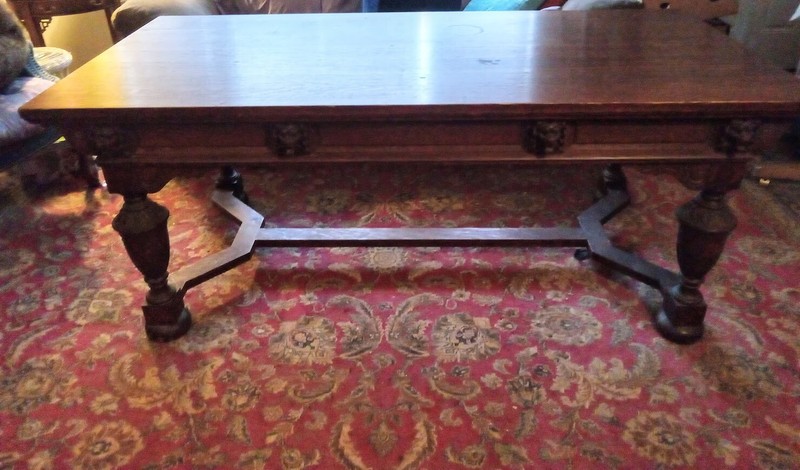 Large library desk/dining room table hand carved with 8 lions head solid oak