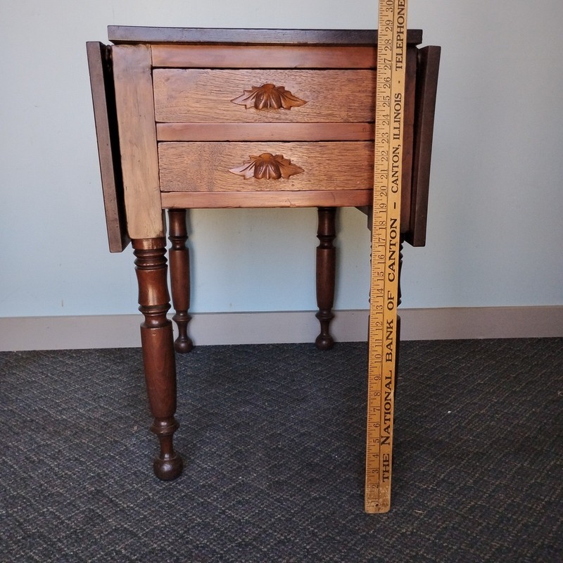 Antique Drop Leaf Table Solid Walnut Wood 2 Drawer 29"T Carved Pulls Turned Legs gallery
