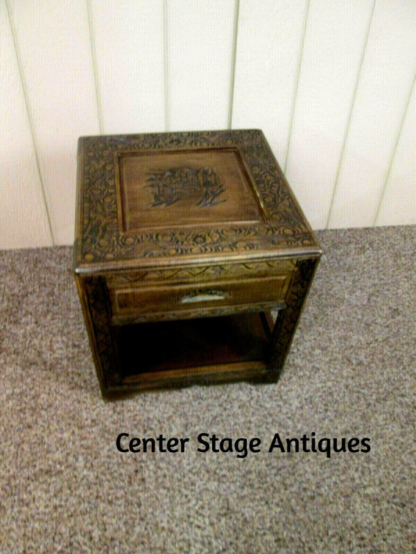 54174 CARVED ORIENTAL TABLE WITH DRAWER Bird carvings