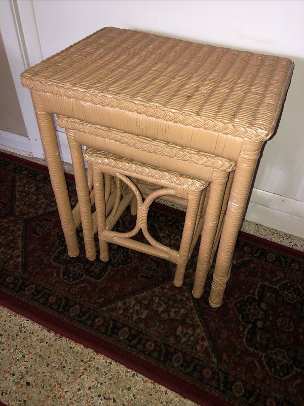 Vintage Coastal Woven Rattan Nesting Stacking Tables Boho Wicker Chic 3 Piece