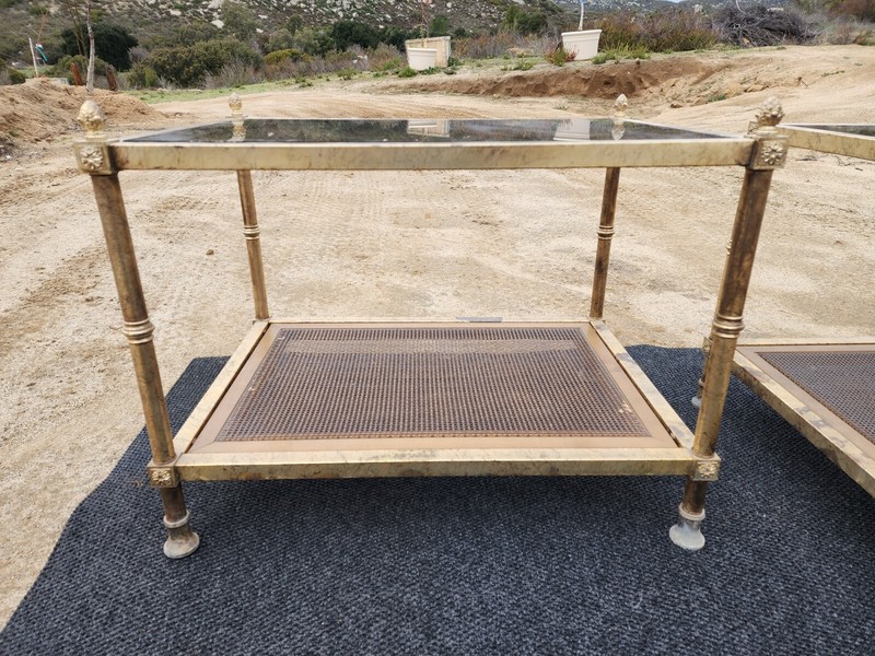Maison Jansen Style Gilt Brass Iron Smoked Glass &Wicker Coffee Side 4-Table Set gallery
