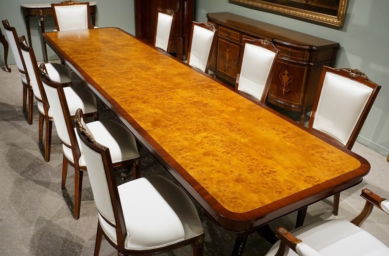 12' traditional mahogany with burl 3 pedestal formal dining table gallery