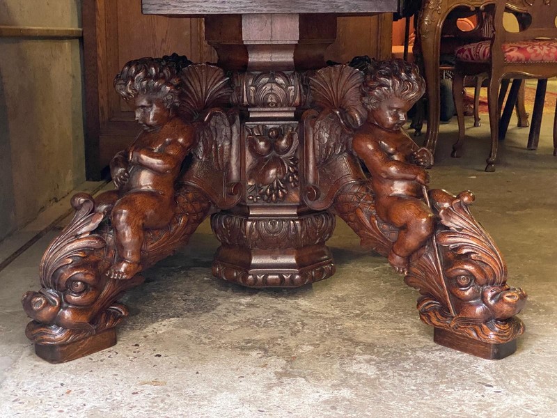 ARRIVES MARCH 2025: Large Antique French Dolphin/Cherub Dining Table with Leaf gallery