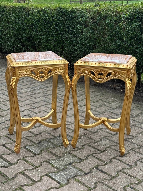 Side Tables French Louis XVI Pink Marble Gold Beech 1970 Vintage Pair 2 Pieces