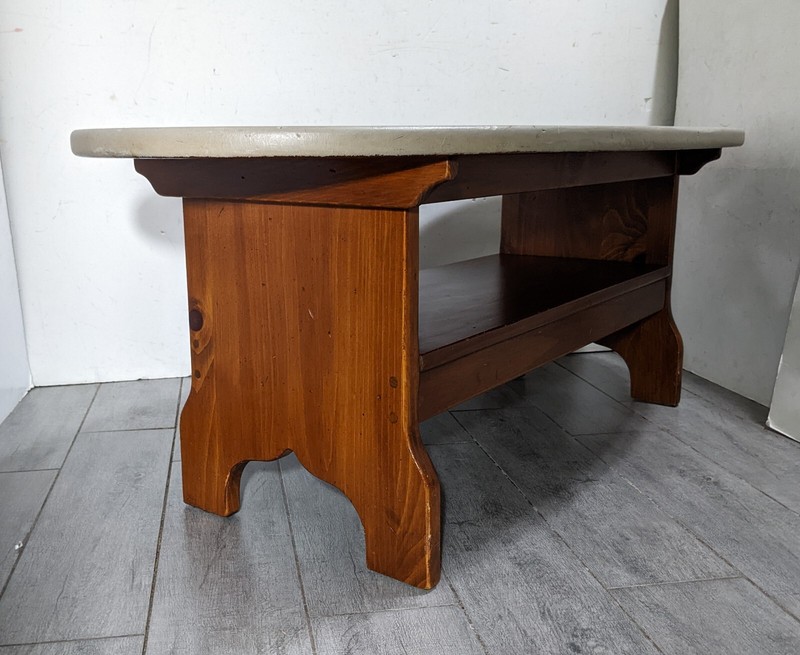 Vintage Ethan Allen Rustic Farmhouse Pine Wood Oval Coffee Table Painted Top gallery