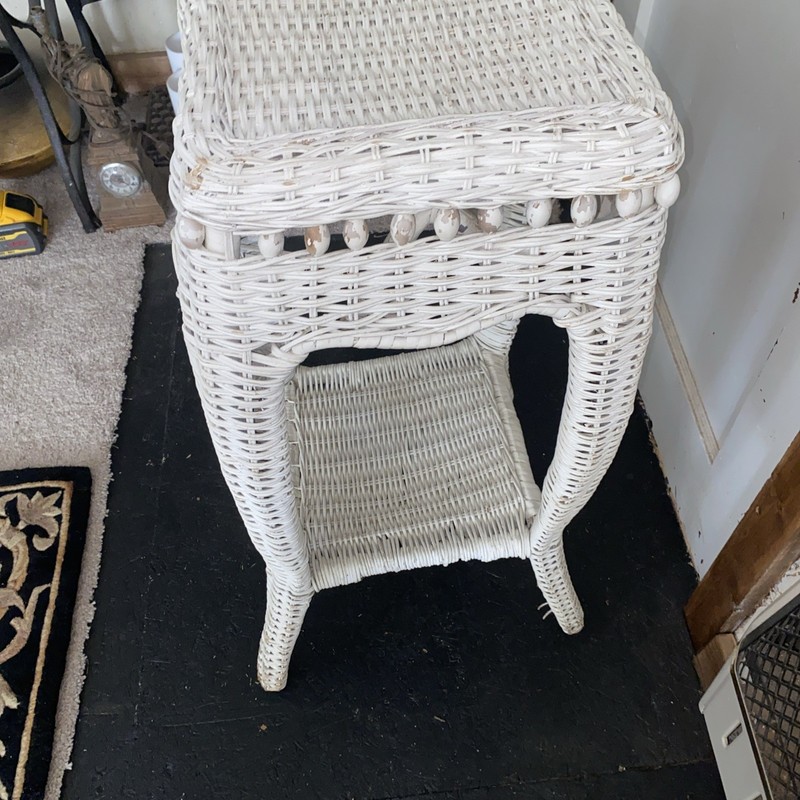 Vtg Wicker Rattan Plant Stand Boho Side Table Round Shabby White Wood Beads 28” gallery