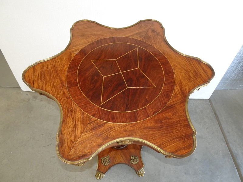 French Louis XVI Burl Marquetry Side Table Sun Burst Design w Brass Claw Feet gallery