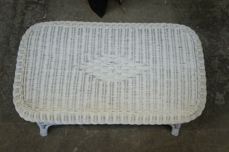 Vintage White Wicker Bamboo Rattan Two Tier Coffee Cocktail Table Boho Chic 34" gallery