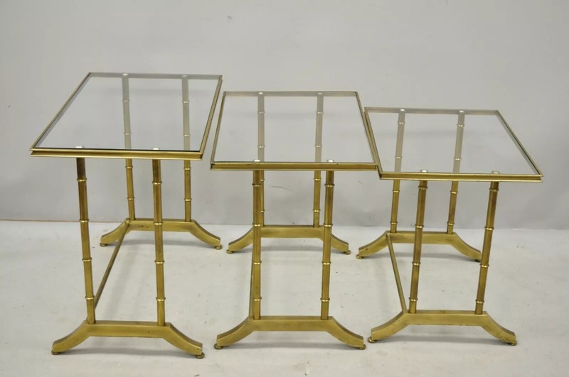 Mastercraft Hollywood Regency Brass Faux Bamboo Glass Top Nesting Side Tables gallery