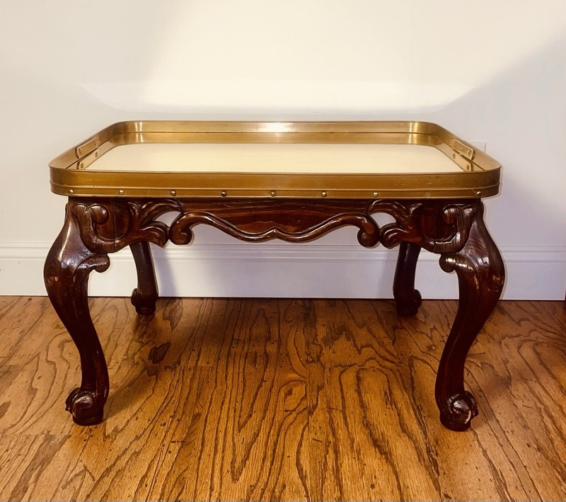 Vtg SOLID BRASS GALLEY TRAY TOP Coffee Side Table Carved Wood Modern Heritage