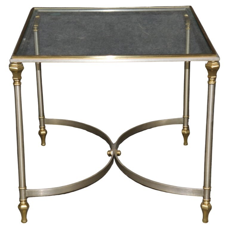 Brass Steel and Glass Top French Maison Jansen Style Directoire End Table