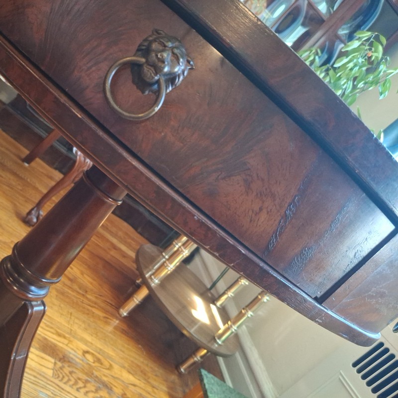 Antique Round Brown Wood & Leather Side Table, 2 Drawers, Single Pedestal, 32x28 gallery