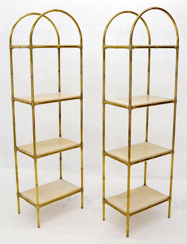 Pair Solid Brass Faux Bamboo Arch Shape Top Goat Skin Parchment Shelves Etageres gallery