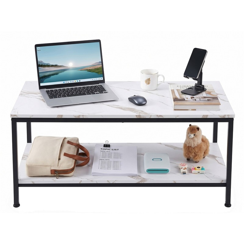 39.4Inch 2 Tier Modern Industrial Coffee Table W/Storage Shelf Metal Frame White