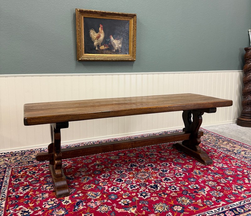 Antique French Country Farm Dining Table Farmhouse Trestle Base Oak 87"W gallery
