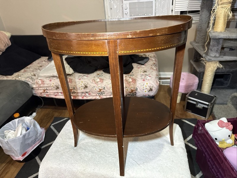 VINTAGE MERSMAN END TABLE WITH STRIPE DESIGN AROUND THE TABLE, 26”X 22.75” X 16”