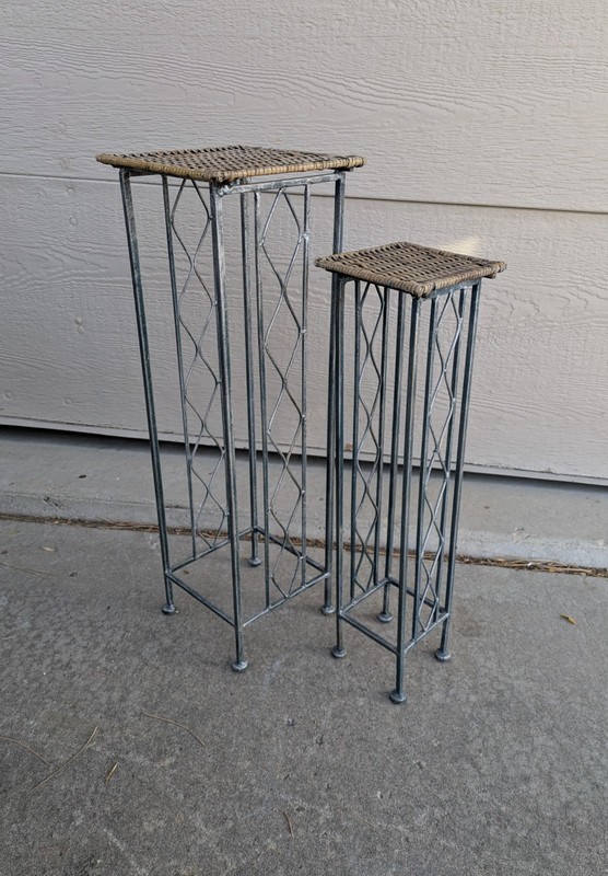 Vintage Set 2x Rustic Shabby Chic Wrought Iron Wicker Rattan Plant Stand Tables gallery