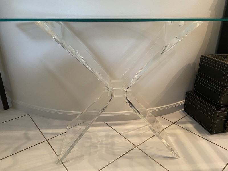 Mid Century Lucite X Base Console Table Beveled Glass Top Modern 56” gallery